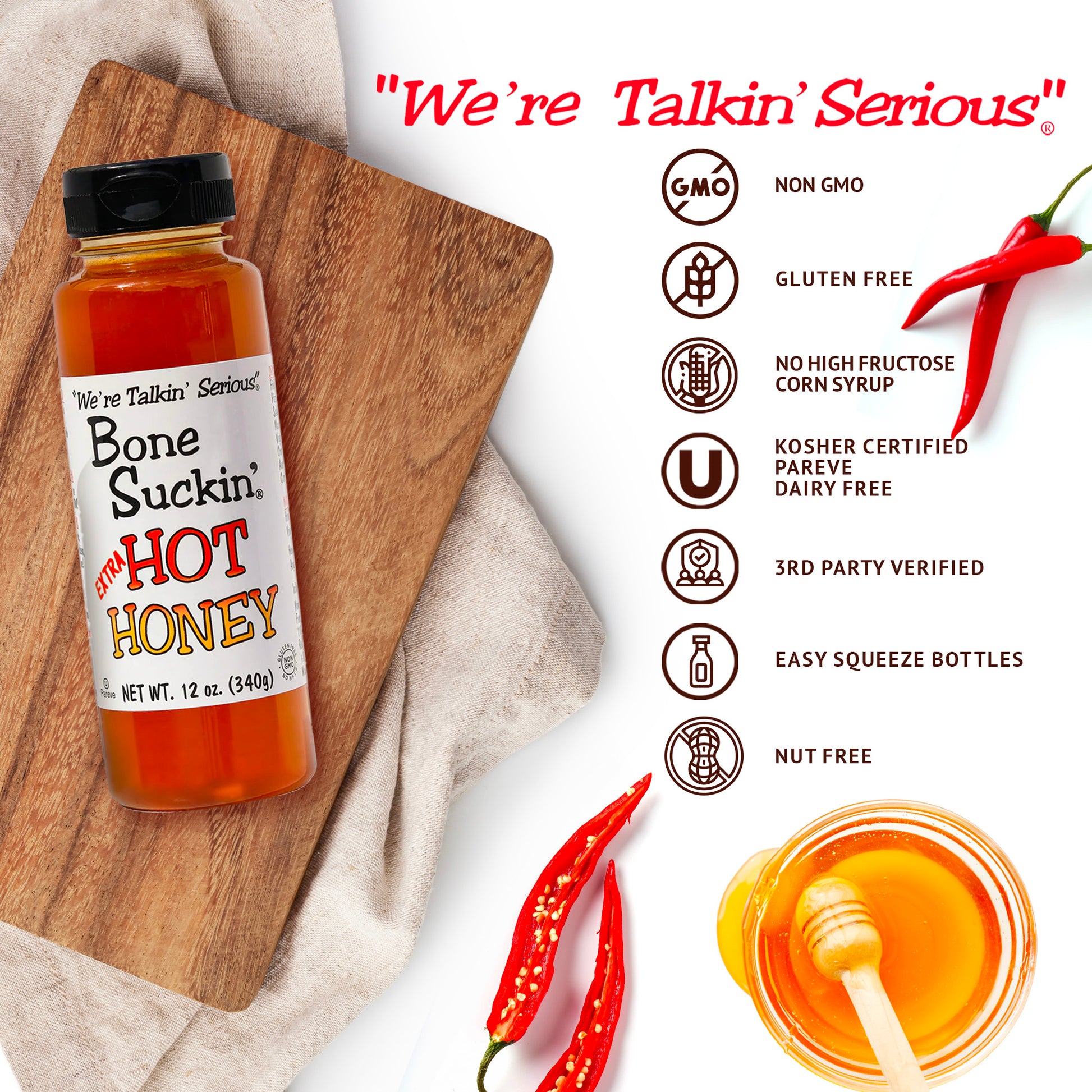 Bone Suckin' Extra Hot Honey - Non GMO, Gluten Free, No High Fructose Corn Syrup, Kosher Certified, Pareve, Dairy Free, 3rd Party Verified, Easy Squeeze Bottles, Nut Free