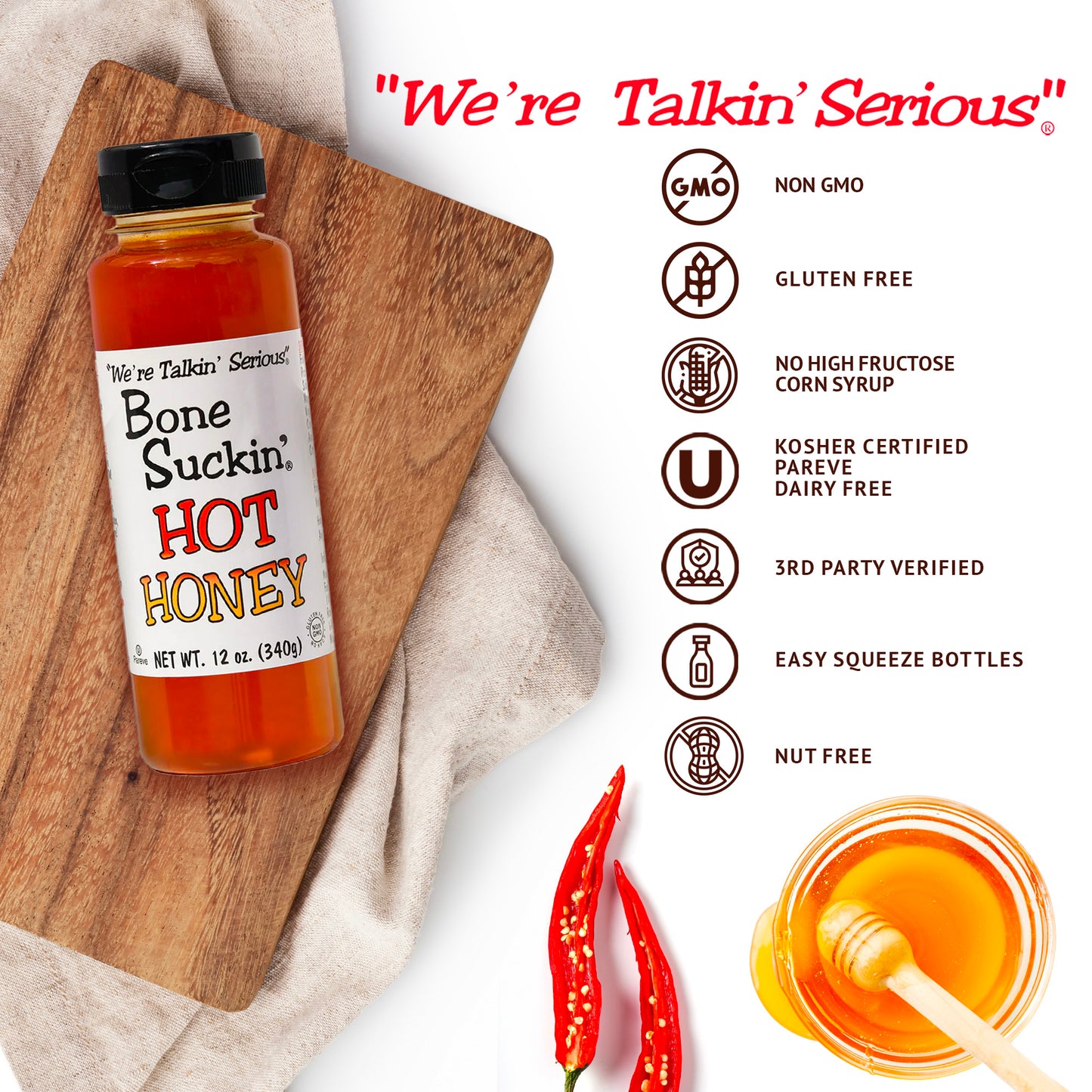 Bone Suckin' Hot Honey - Non GMO, Gluten Free, No High Fructose Corn Syrup, Kosher Certified, Pareve, Dairy Free, 3rd Party Verified, Easy Squeeze Bottles, Nut Free