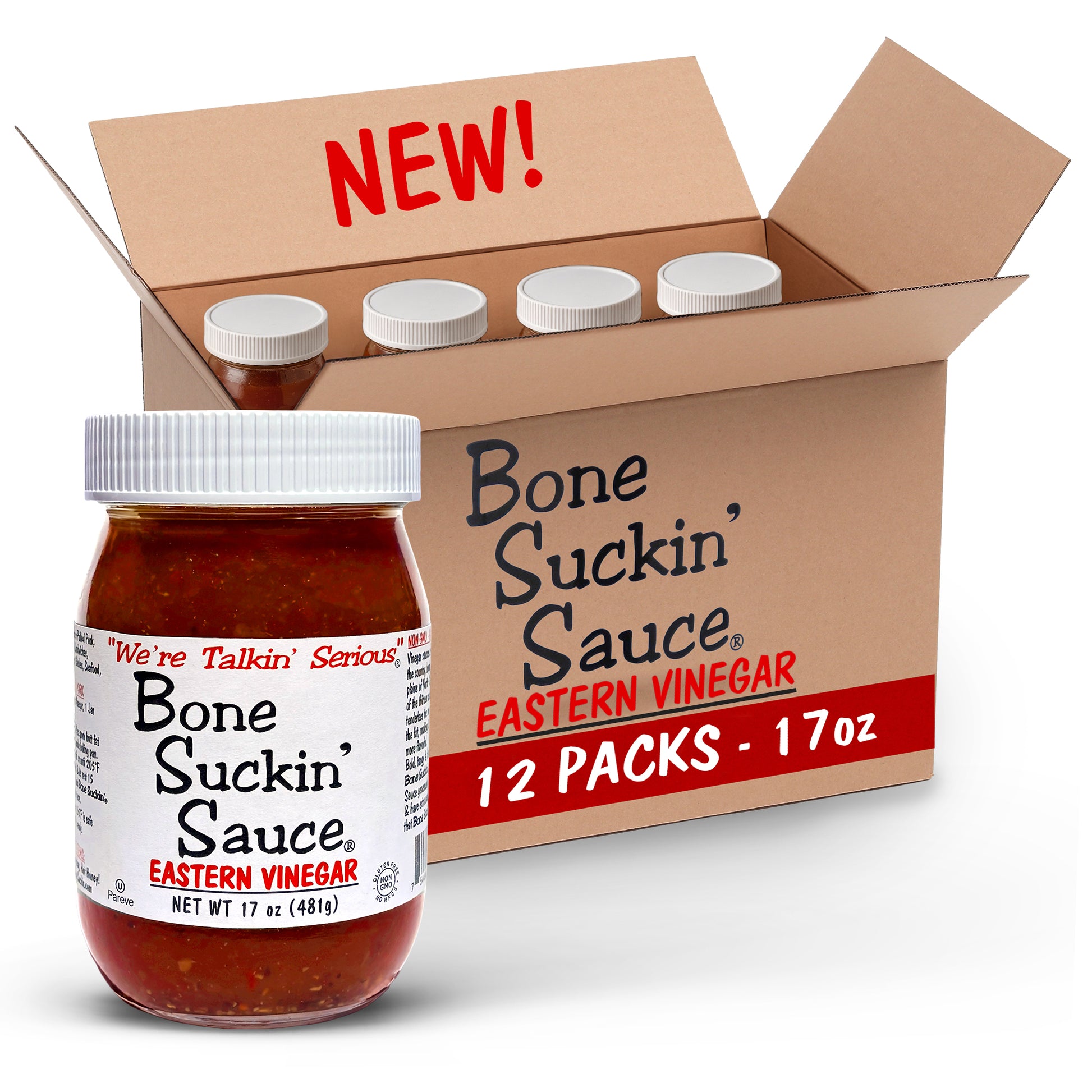 NEW Bone Suckin' Sauce Eastern Vinegar with a 12 pack case of 17oz jars