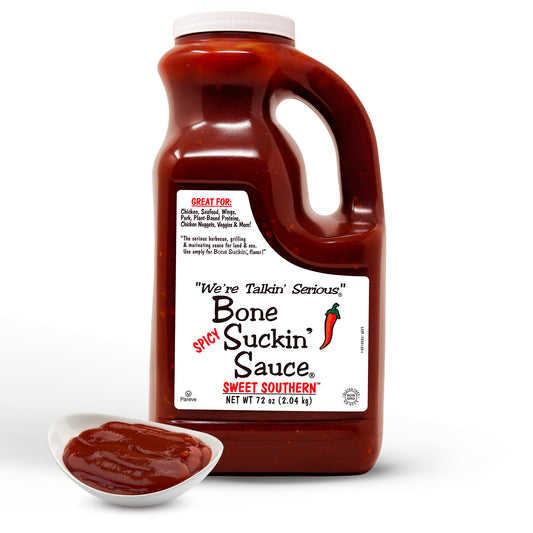 Bone Suckin' Sauce®, Spicy Sweet Southern® 72 oz. Barbecue sauce that is 3rd party tested & verified, Made in the USA and beloved by the entire family. This sauce is Non-GMO, Gluten-Free, Kosher and has No High Fructose Corn Syrup.