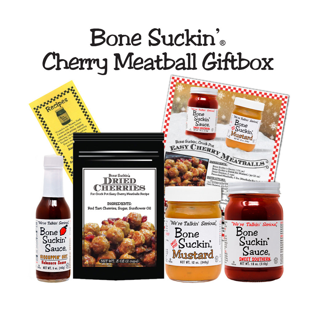 Our Bone Suckin'® Cherry Meatballs Gift Pack will have your guests wondering how in the world you made such delicious meatballs! And the recipe is SO EASY! **Meatballs NOT INCLUDED! ** Makes enough for 32 Servings Total! Can be used as an Appetizer or Entrée!