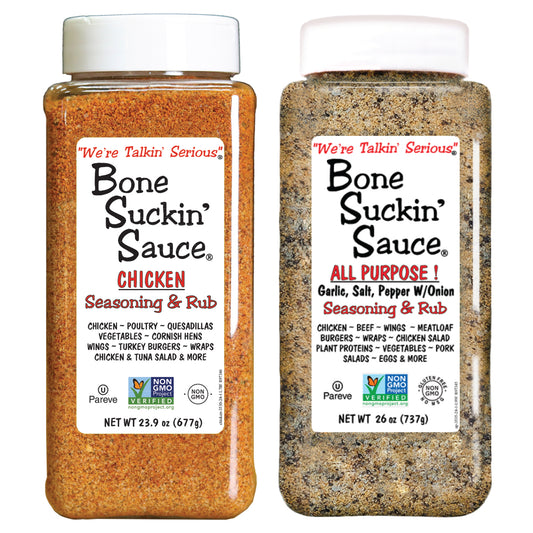 Get the best of both worlds with a two pack of the new larger sizes of our favorite Bone Suckin' All Purpose! Seasoning & Rub 26 oz and Bone Suckin' Chicken Seasoning & Rub 23.9 oz.