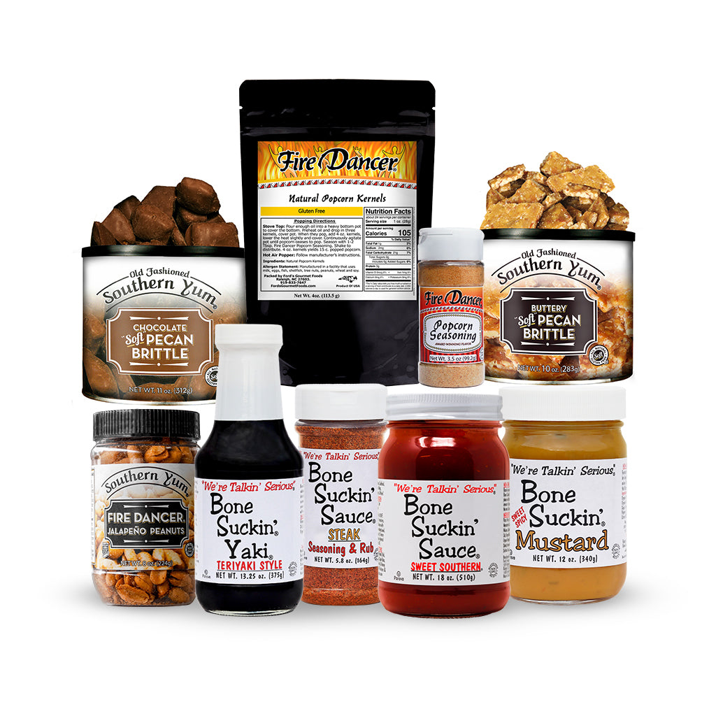 Our Bone Suckin'® Deluxe Favorite Things Box is a great idea for the family! From the sweet taste of our Southern Yum® Brittle to the heat of our Fire Dancer® Seasoning, Popcorn and peanuts to our original Bone Suckin'® Sauces and seasoning, this box is packed with a variety of delicious flavors.