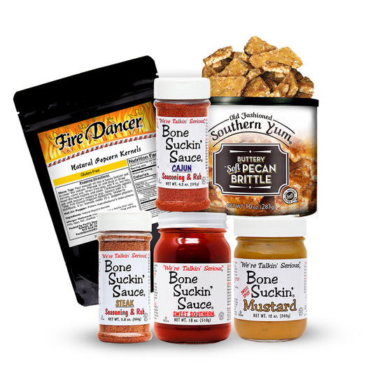 Our Favorite Things Box is a great idea for the family with different taste buds. From the sweet taste of our Southern Yum Brittle to our original Bone Suckin'® Sauces and Seasoning & Rubs, this box is packed with a variety of delicious flavors.