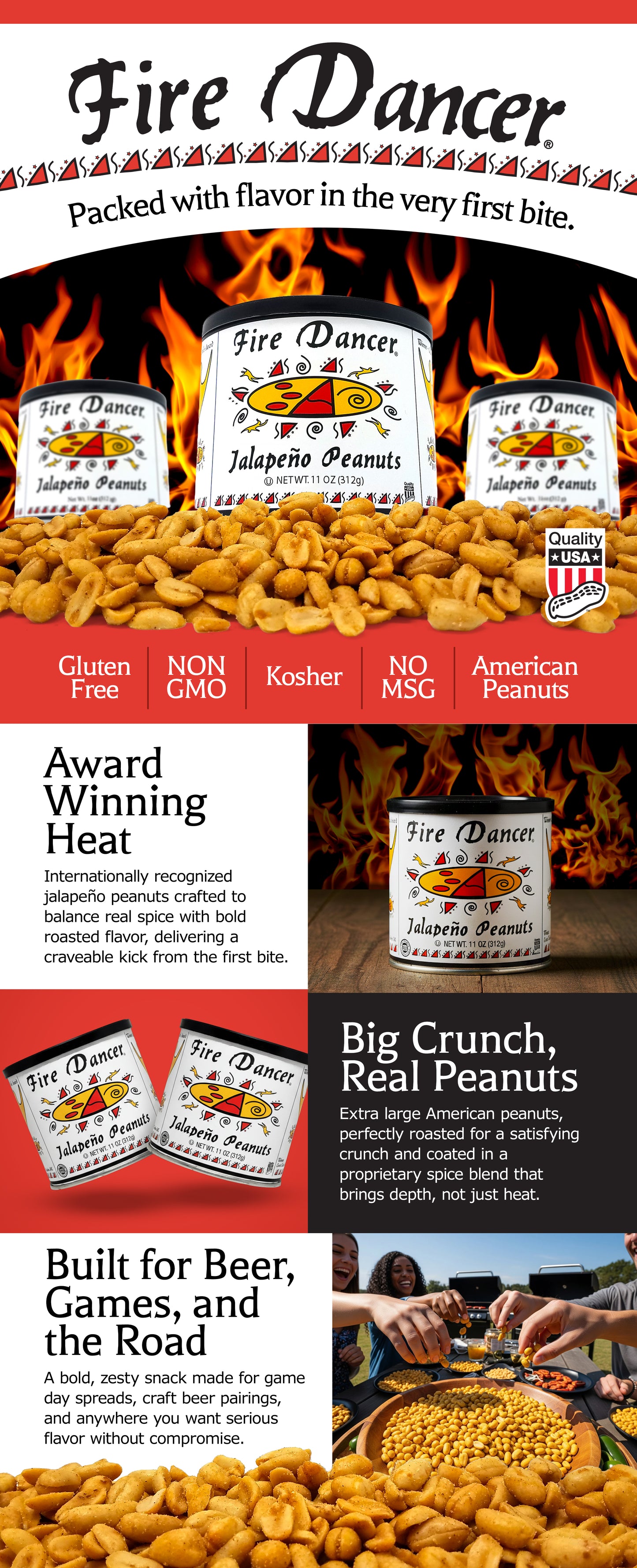 Advertisement for Fire Dancer jalapeño Peanuts with text and images of the product.