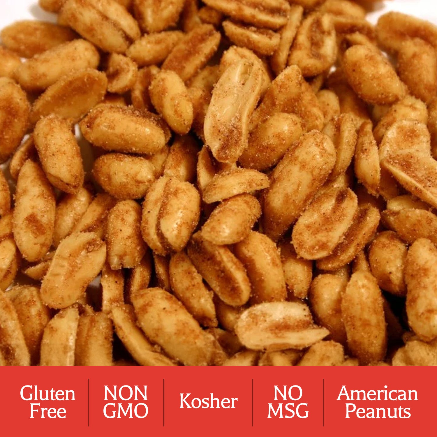 Pile of Fire Dancer peanuts with certification labels on a red background - Gluten Free, Non GMO, Kosher, No MSG, American Peanuts