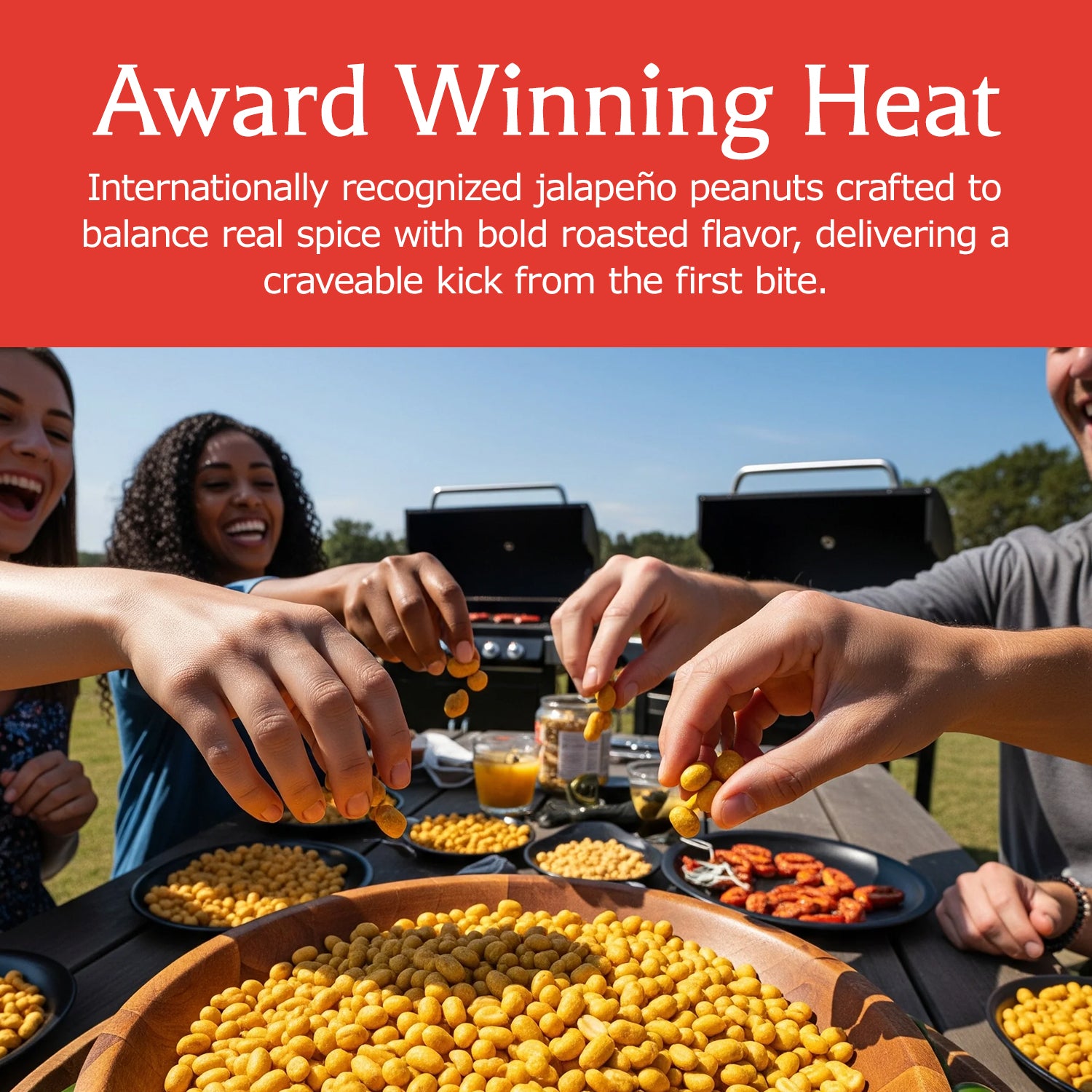 People enjoying Fire Dancer jalapeno peanuts at a picnic with text about the product. - Award Winning Heat