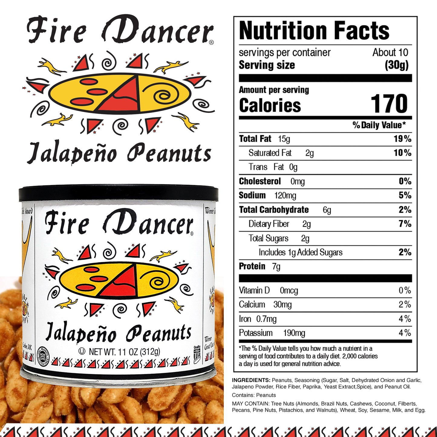 Fire Dancer Jalapeño Peanuts packaging with nutrition facts label