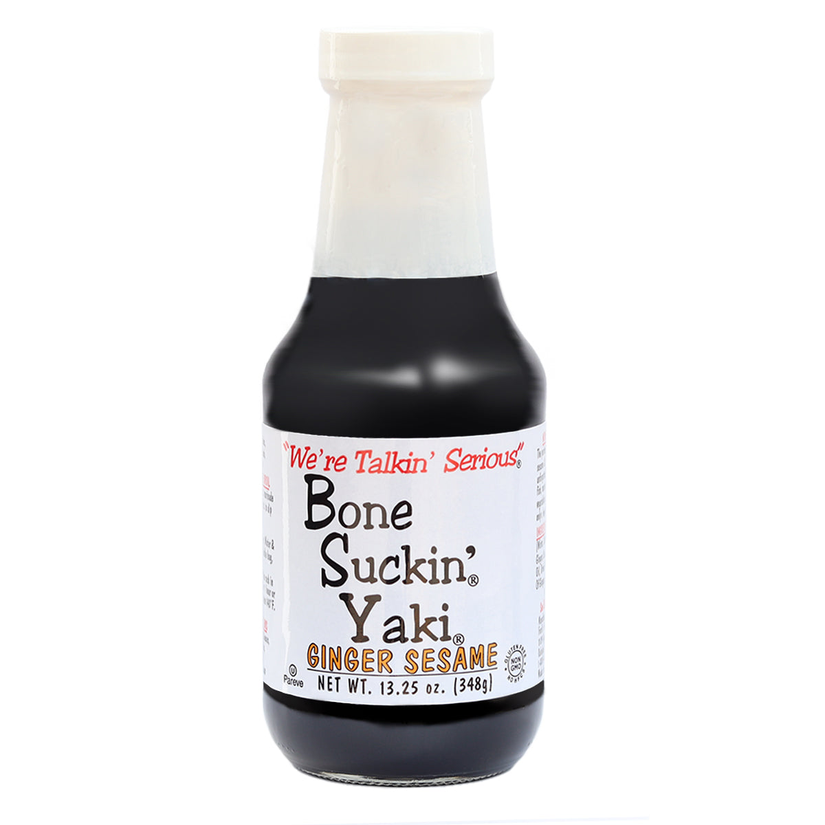 Bone Suckin' Yaki, Ginger Sesame, 13.25 oz. bottle. Bone Suckin'® Yaki®, Ginger Sesame  The perfect blend of Zesty ginger, the nutty taste of sesame & the smooth finish of tamari, adds an unforgettable flavor to any dish. A favorite for basting fish, marinating meat before grilling, sautéing vegetables or using as a finishing sauce.