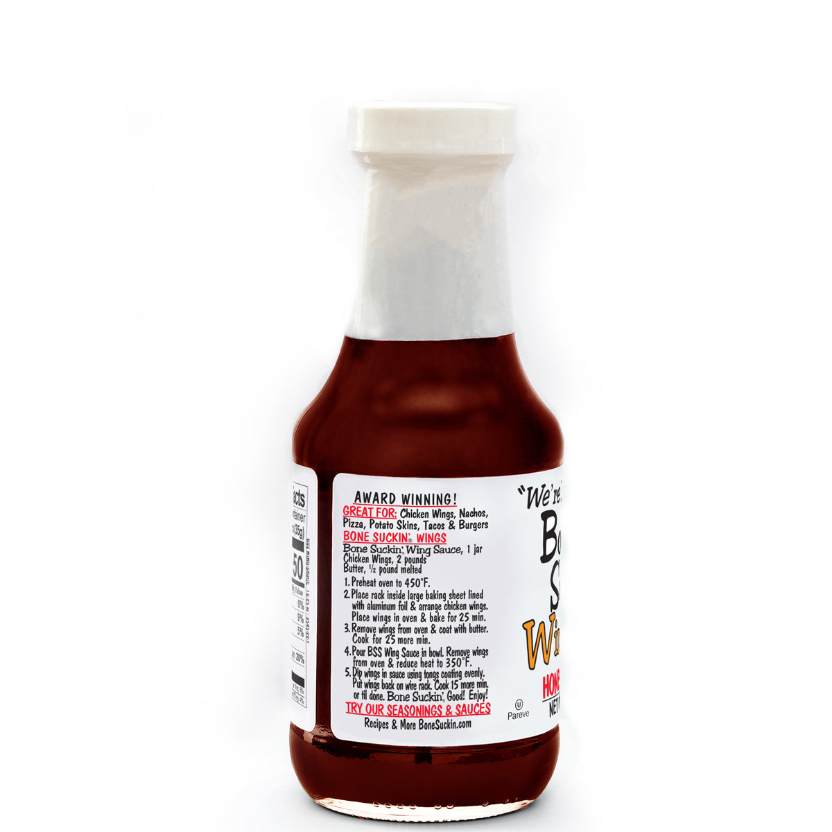 Bone Suckin'® Wing Sauce, Honey & Habanero, 12.25 oz., Side of Label with Recipe