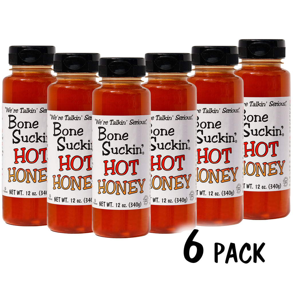 Bone Suckin' Hot Honey 12oz, 6 pack HIGH-QUALITY INGREDIENTS: Made with high-quality Non Gmo, Kosher, Pareve, Gluten Free, Dairy Free ingredients with No High Fructose Syrup: Bone Suckin' Hot Honey is crafted using the perfect blend of high quality honey, apple cider vinegar, and chili extract, ensuring a delicious sweet, hot & flavorful experience that is great for the whole family!