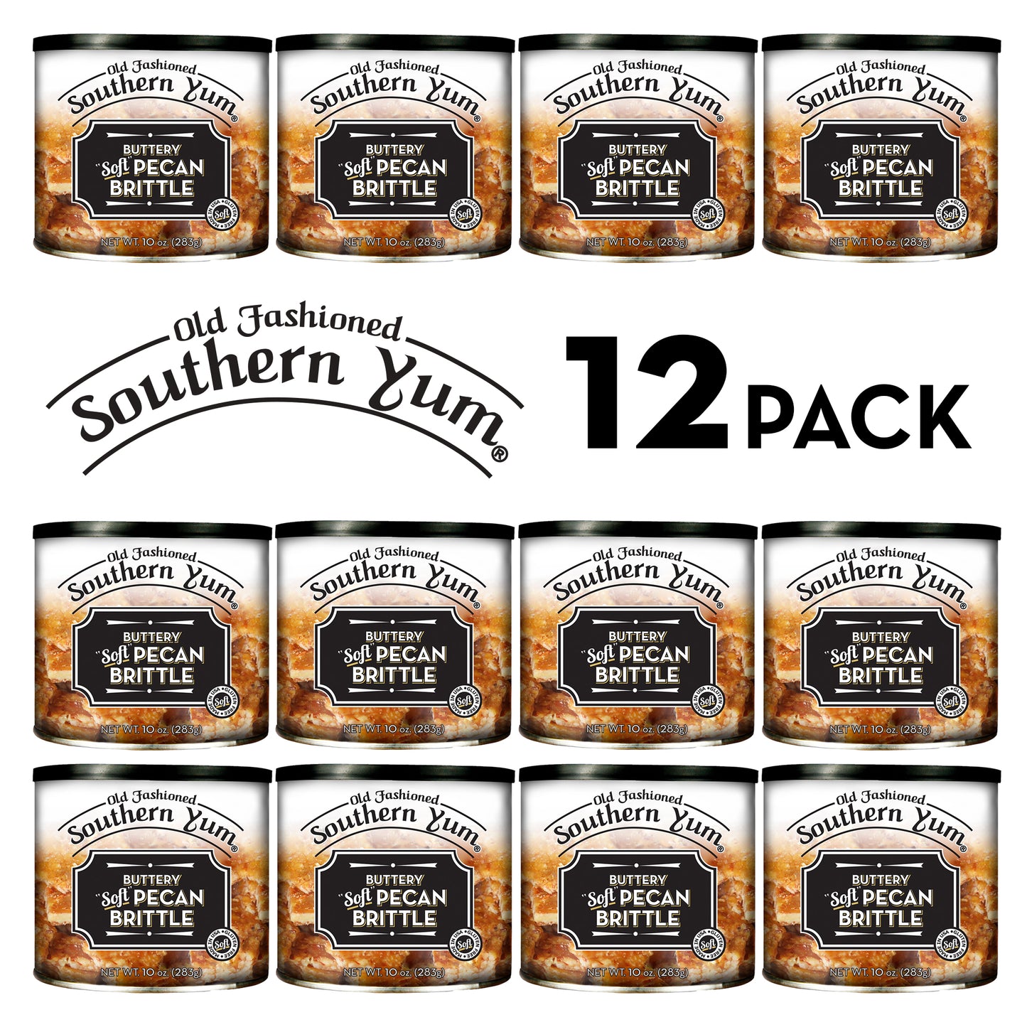 12 cans of Southern Yum Buttery Soft Pecan Brittle on a white background and text that says "12 Pack"