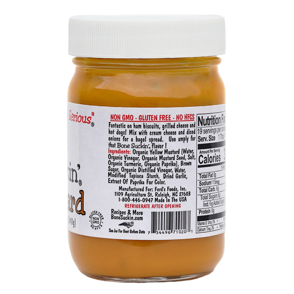 Bone Suckin'® Mustard 12 oz,  Ingredients - Bone Suckin' Mustard, 12 oz in Glass Bottle - Gourmet Mustard, Sweet & Tangy With Creamy Texture, Gluten-Free, Non-GMO, No HFCS, Kosher, Perfect for Hot Dogs, Brats, Sandwiches, Cheese, Seafood, 1 Bottle