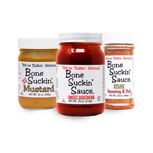 Bone Suckin' Nuff Said Box. Sweet Spicy Mustard, 12 oz., Bone Suckin' Sauce Sweet Sauce, 16 oz., Bone Suckin' Steak Seasoning & Rub, 5.8oz.