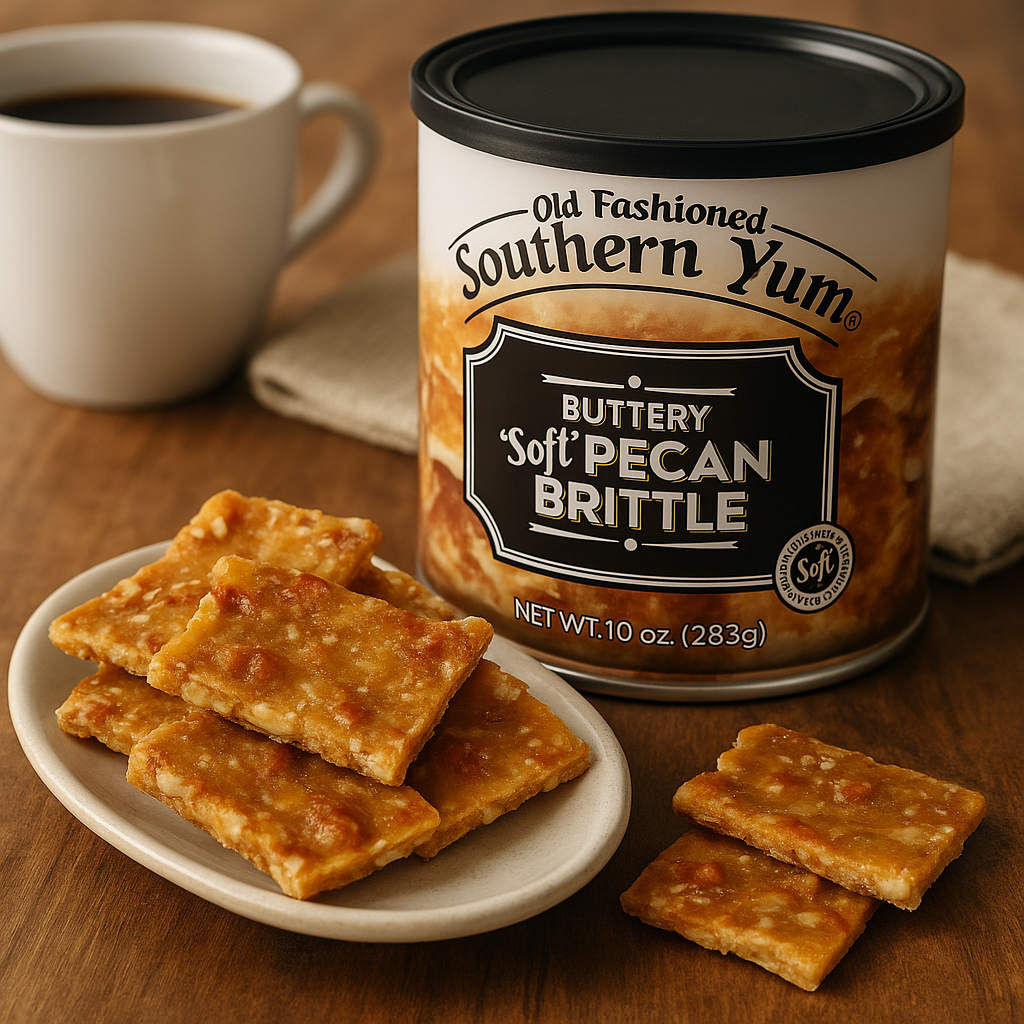 Can of Old Fashioned Southern Yum Buttery Soft Pecan Brittle with a plate of brittle and a cup of coffee on a wooden table.