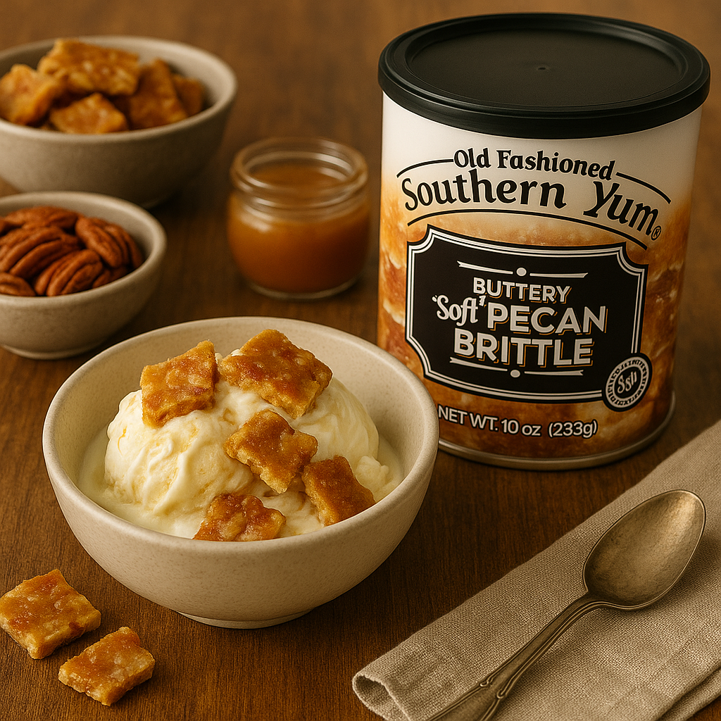 Can of Old Fashioned Southern Yum Buttery Soft Pecan Brittle with a bowl of ice cream and brittle on a wooden table.
