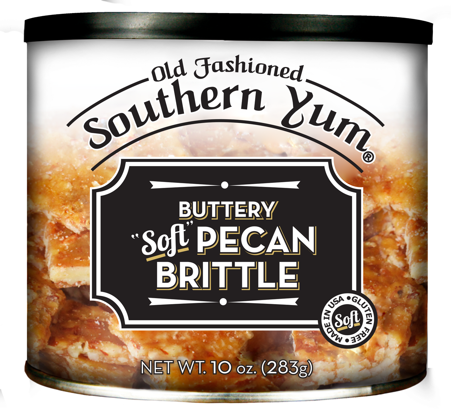 Can of Old Fashioned Southern Yum Buttery Soft Pecan Brittle on a white background