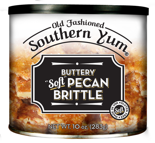 Can of Old Fashioned Southern Yum Buttery Soft Pecan Brittle on a white background
