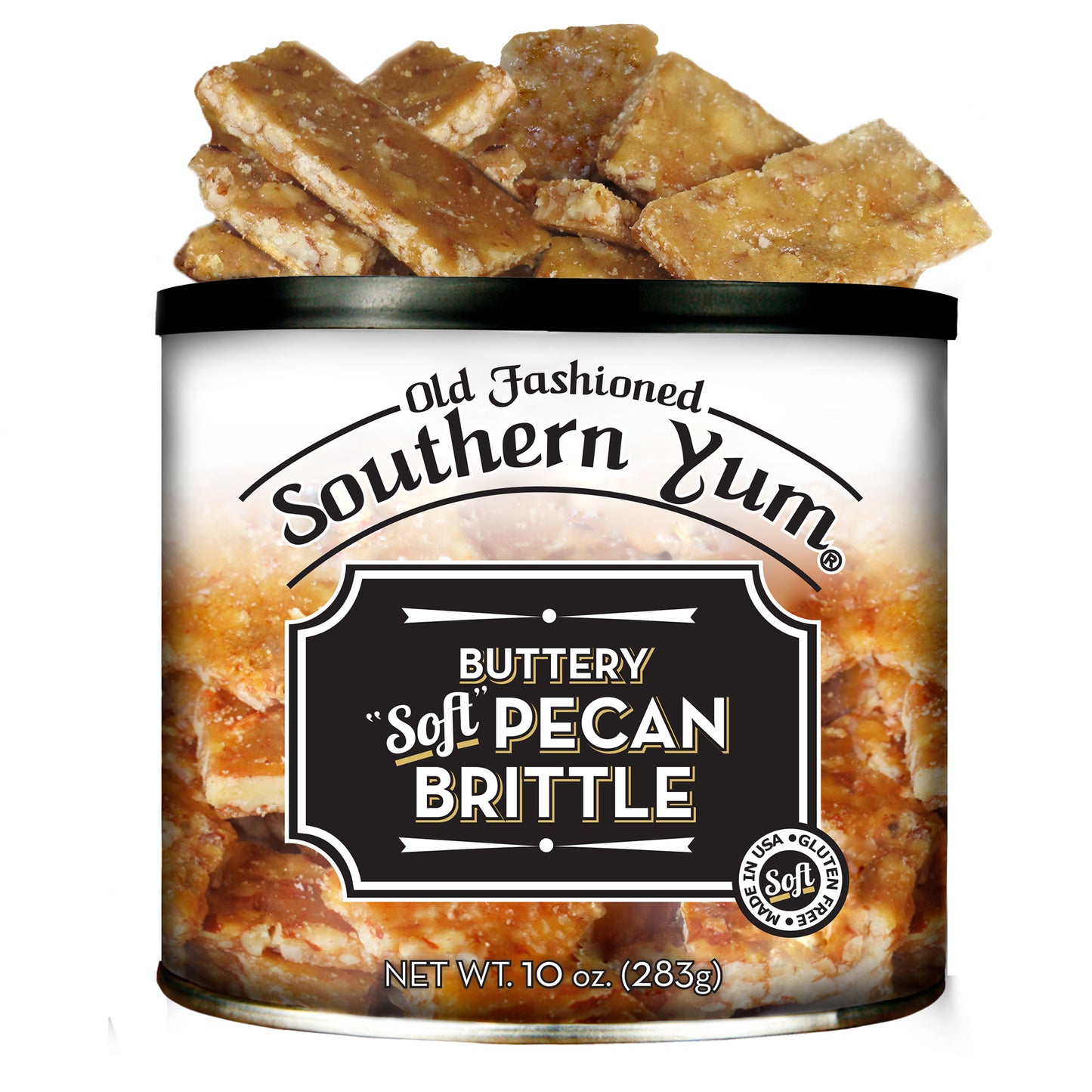 Can of Old Fashioned Southern Yum Buttery Soft Pecan Brittle on a white background