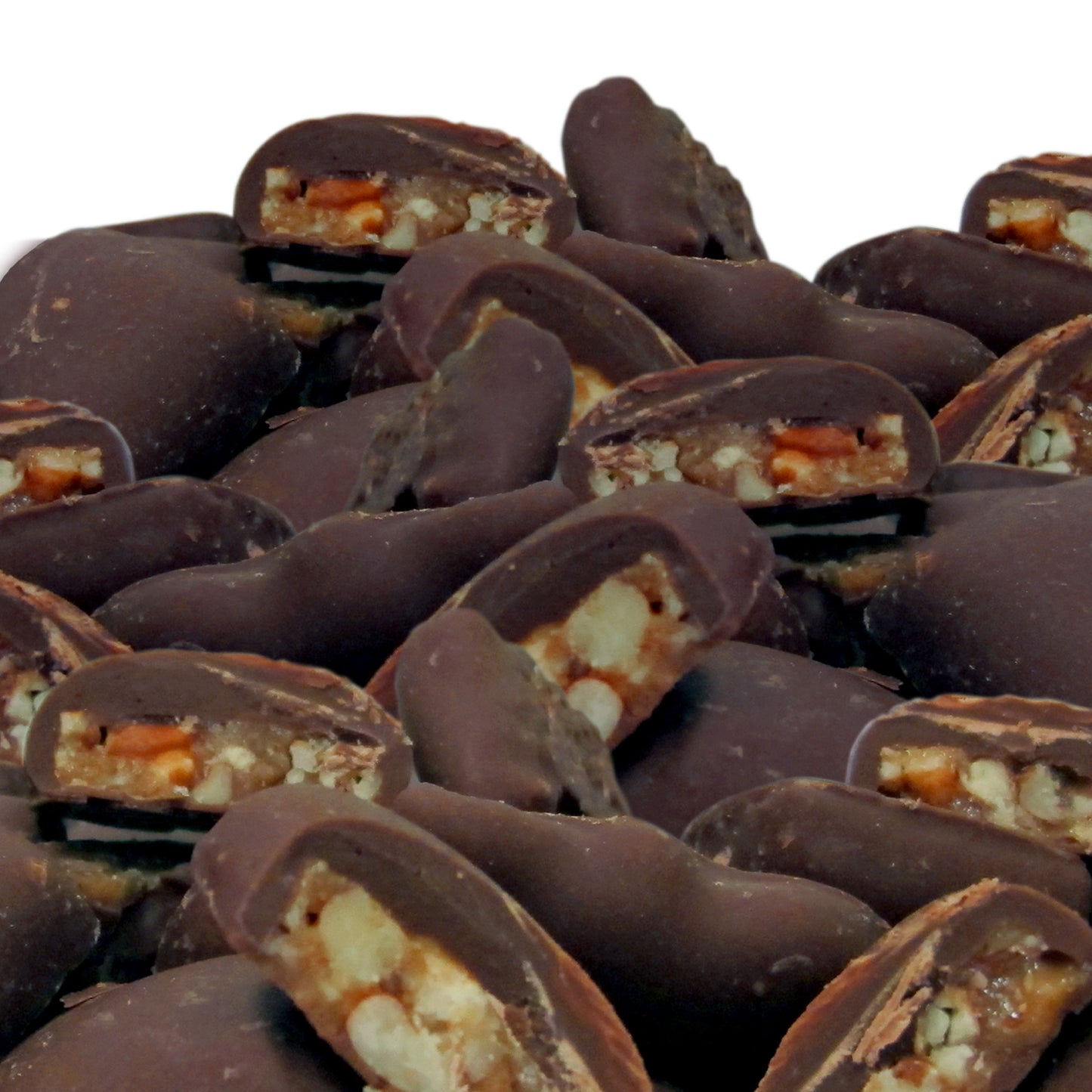 Close-up of Southern Yum Dark Chocolate Pecan Brittle
