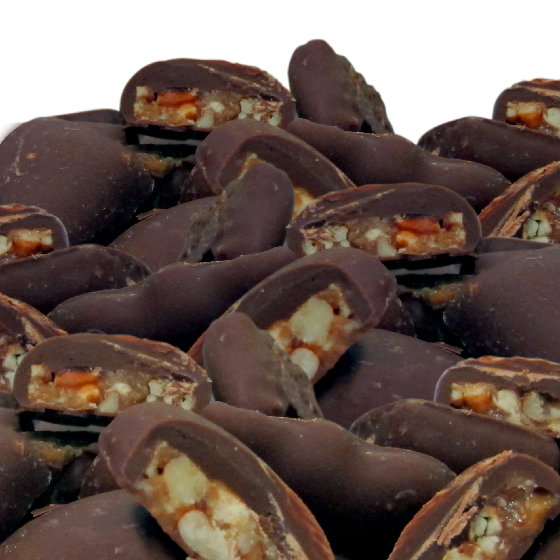 Close-up of Southern Yum Dark Chocolate Pecan Brittle