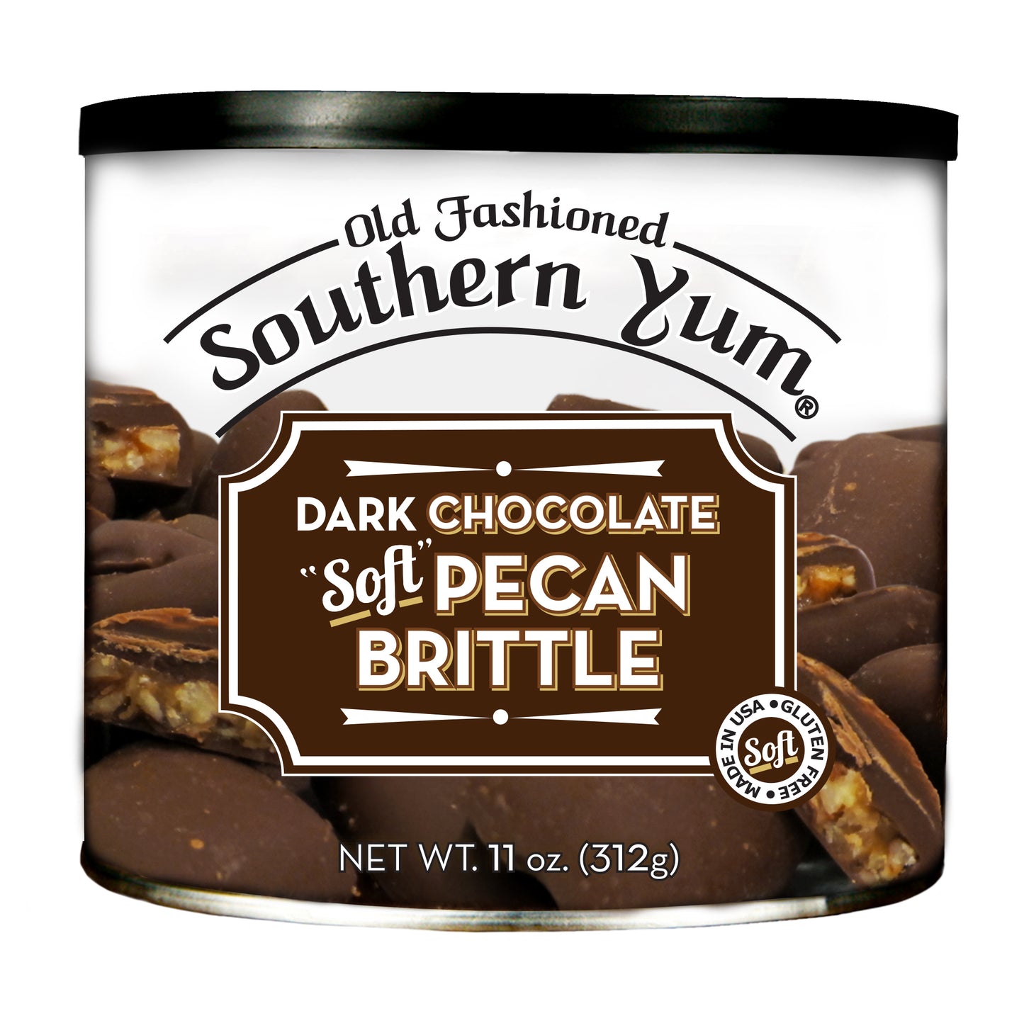 Tin of Old Fashioned Southern Yum Dark Chocolate Soft Pecan Brittle on a white background