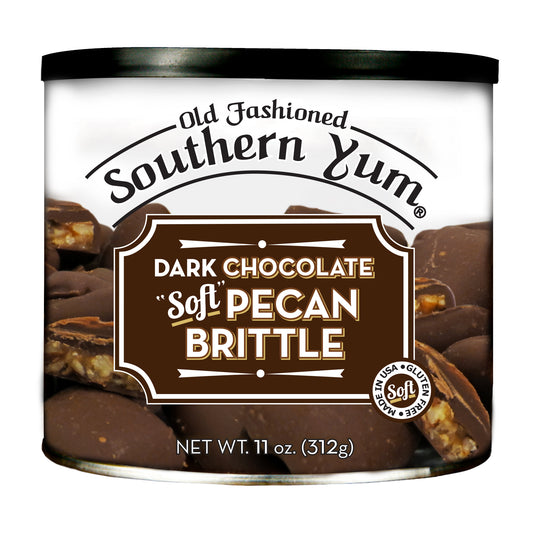 Tin of Old Fashioned Southern Yum Dark Chocolate Soft Pecan Brittle on a white background