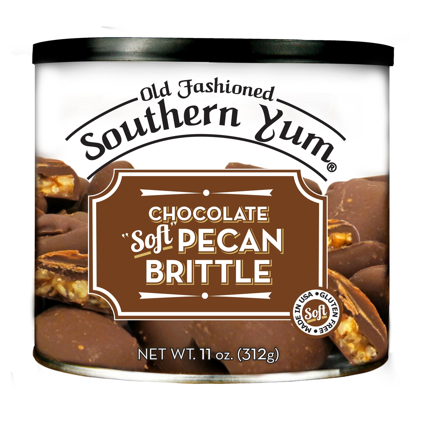 Tin of Old Fashioned Southern Yum Chocolate Soft Pecan Brittle on a white background