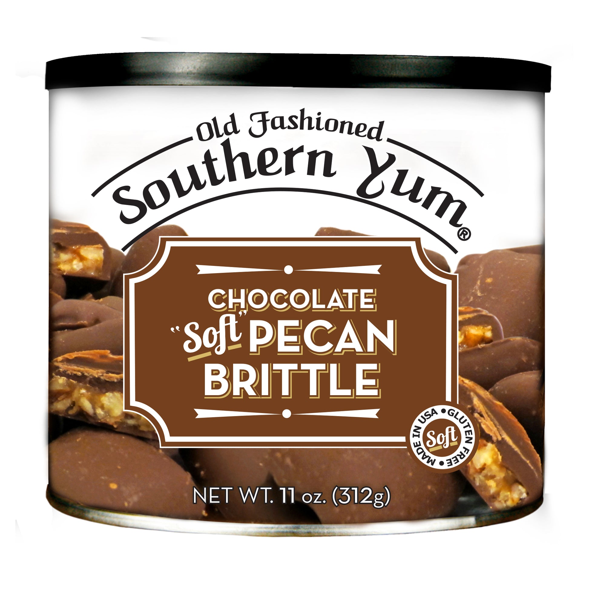 Tin of Old Fashioned Southern Yum Chocolate Soft Pecan Brittle on a white background