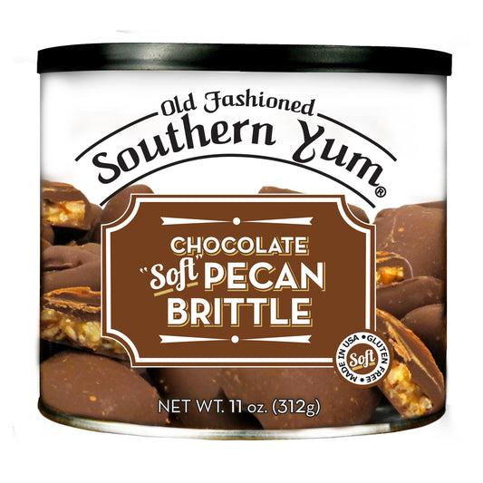 Tin of Old Fashioned Southern Yum Chocolate Soft Pecan Brittle on a white background