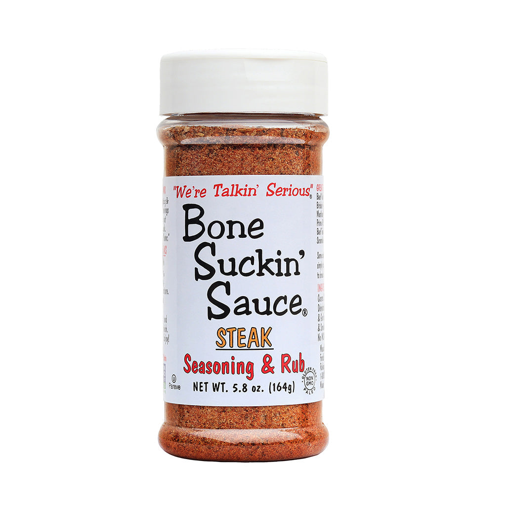 Bone Suckin'® Steak Seasoning & Rub, 5.8 oz.  Unleash the depth of flavor in your steaks with this expertly blended seasoning rub, ensuring a perfect chargrilled finish and an explosion of taste.