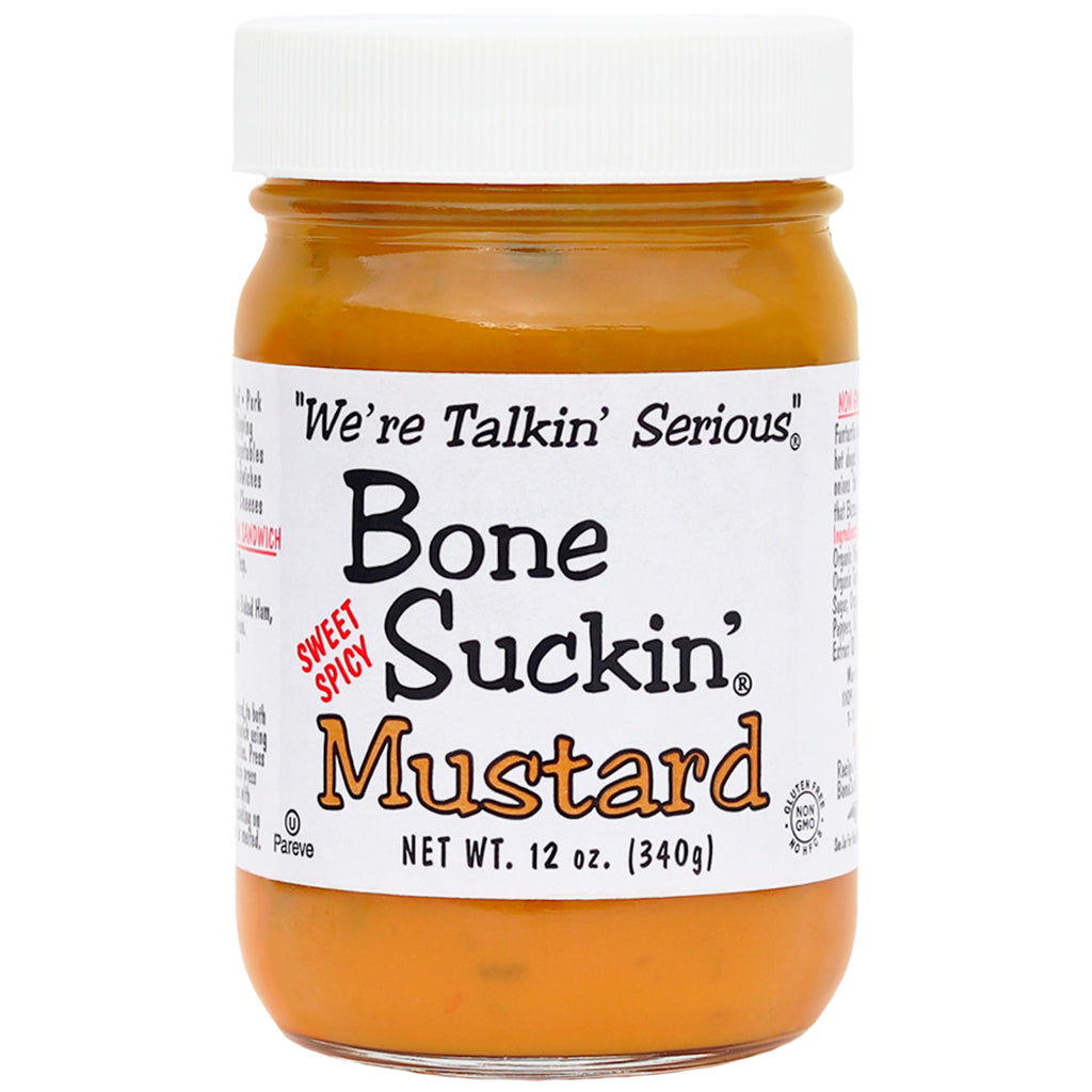 Bone Suckin'® Sweet and Spicy Mustard, 12 oz.  Experience the perfect balance of sweet and spicy with this versatile mustard, ideal for dipping, spreading, or using as a marinade.