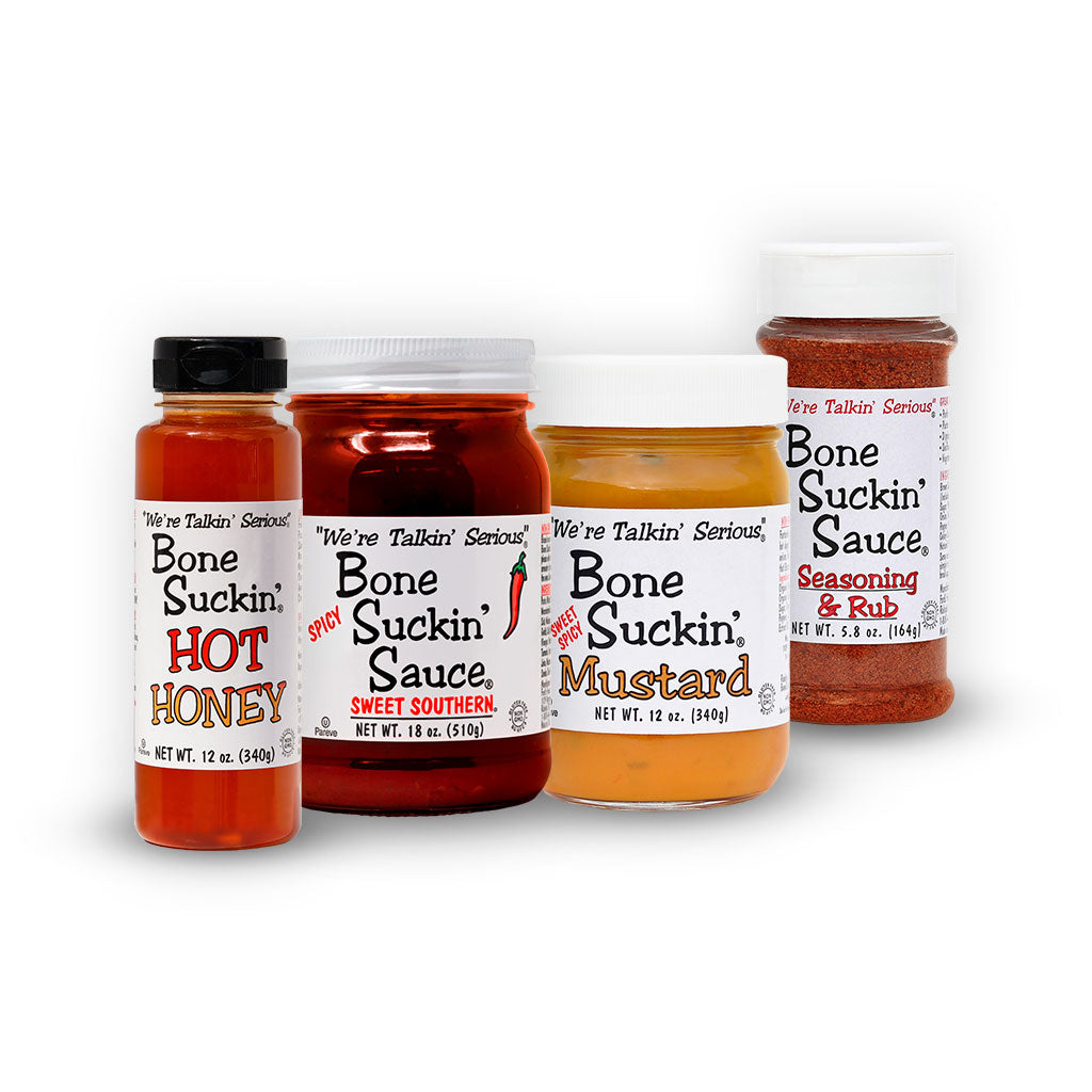 Bone Suckin' Sweet Spicy Box. Bone Suckin' Hot Honey 12 oz., Bone Suckin' Sauce, Spicy 18 oz., Bone Suckin' Sweet Spicy Mustard 12 oz., Bone Suckin' Sauce Seasoning & Rub 5.8 oz.