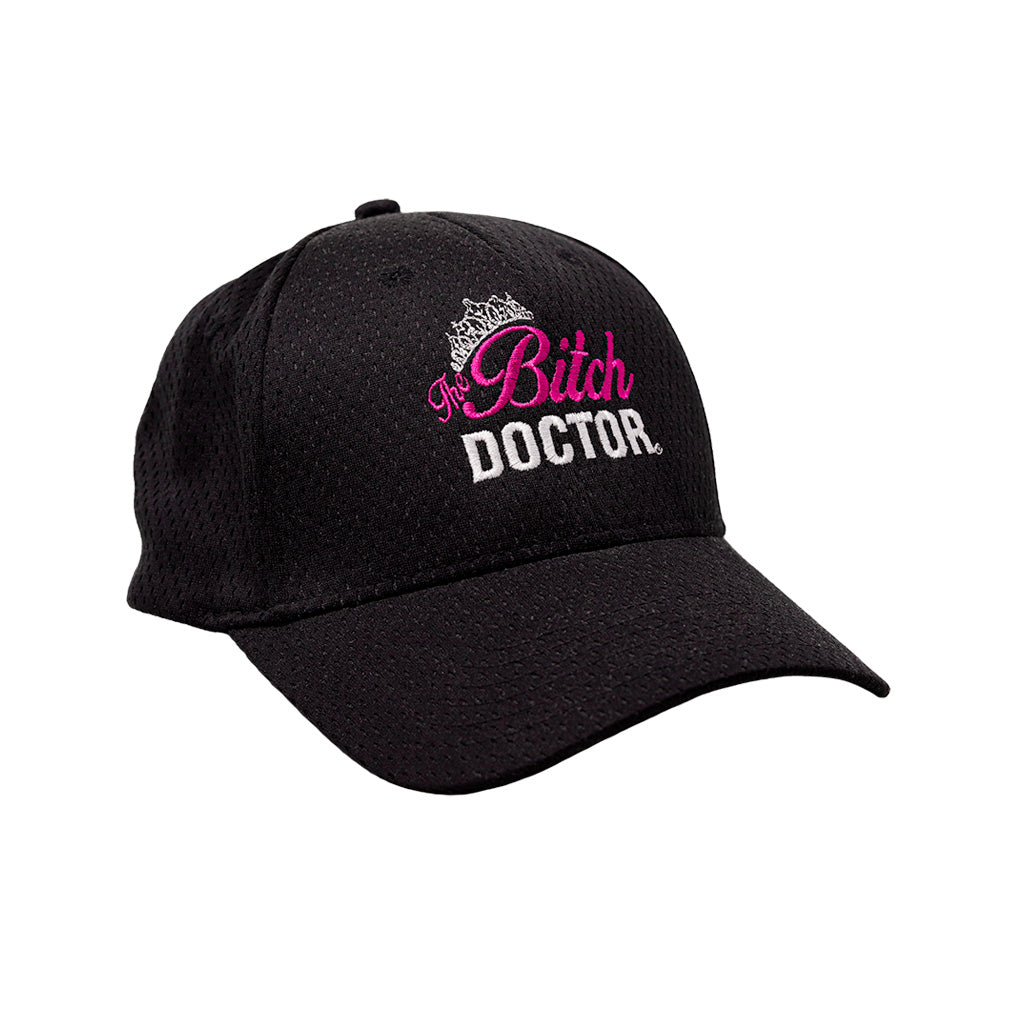 The Bitch Doctor Pink and White Logo on a Black Mesh Baseball Cap