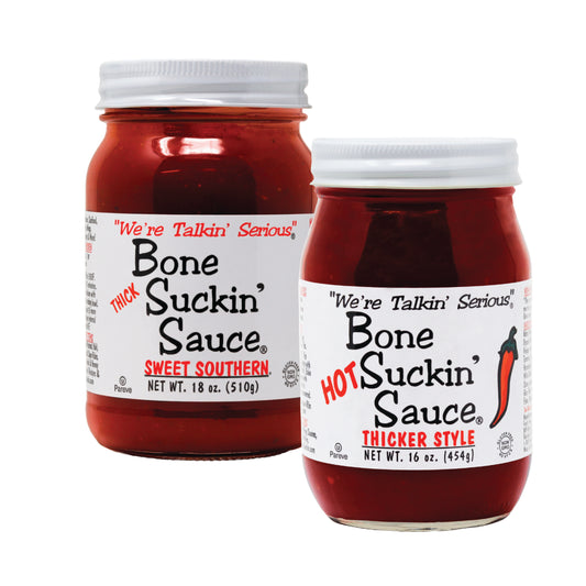 Bone Suckin' Sauce Thicker Style Variety Pack, Thicker Style & Thick Hot. Enjoy the BEST of both worlds. For Ribs, Chicken, Pork, Fish, Beef - Gluten-Free, Non-GMO, Kosher