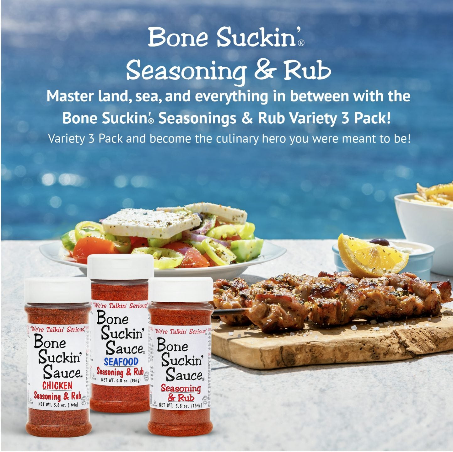 Bone Suckin Seasoning & Rub. Master land, sea, and everything in between with the Bone Suckin' Seasonings & Rub Variety 3 Pack!