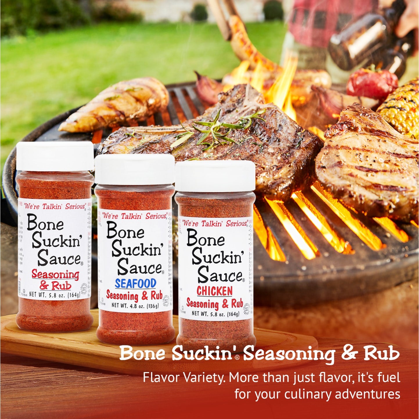 Bone Suckin Seasoning & Rub. Flavor variety. More than just flavor, it's fuel for your culinary adventures.