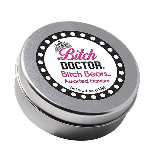 The Bitch Doctor® Bitch Bears are tasty stress relievers packed full of flavor.  Perfect snack when you need something to chew on. Decorative 4 oz. tin is compact for displaying on your desk at work or carrying in a purse. Assorted flavors: Pink Grapefruit–Strawberry Mango–Blackberry Hibiscus. Gluten Free.