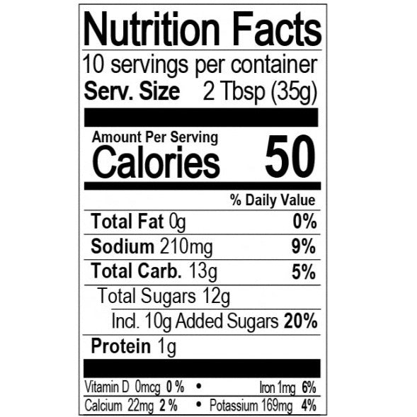Bone Suckin'® Wing Sauce, Garlic & Honey Nutrition Nutritional Facts Information: Serving Size 2 tbsp. (35g), Servings Per Container 10, Calories 50, Calories from Fat 0, Total Fat 0g, Saturated Fat 0g, Trans Fat 0g, Cholesterol 0mg, Sodium 210mg 9%, Total Carbohydrate 13g 4%, Dietary Fiber 0g, Sugars 12g, Protein 1g, Vitamin D 0%, Calcium 2%, Iron 6%, Potassium 4%.