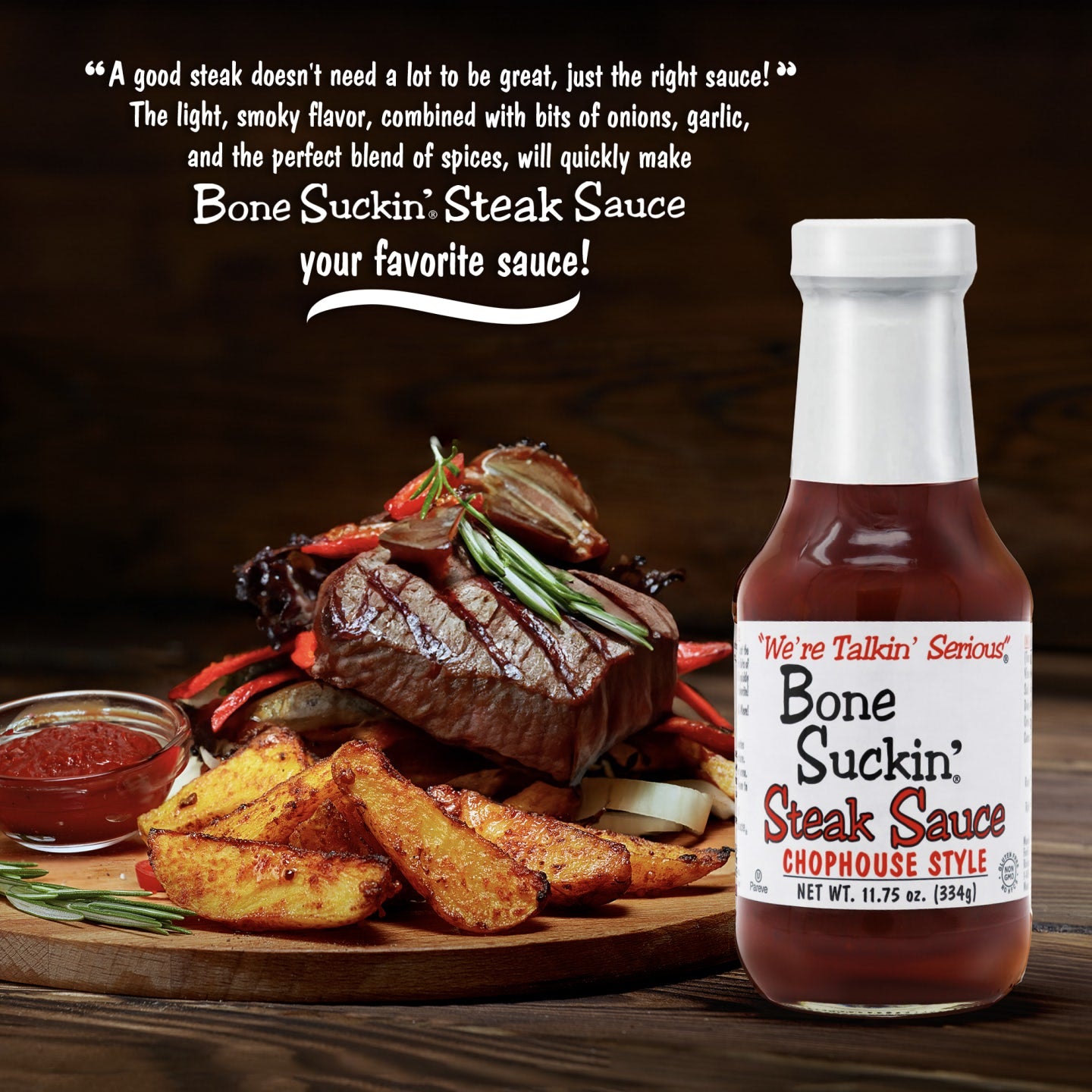 Bone Suckin' Steak Sauce, 11.75 oz Glass Bottle, For Steaks, Burgers, Meatloaf, Pork Chops & Chicken - Tangy, Savory, Light Smoke Flavor With Bits Of Onion & Garlic - Gluten Free, Non-GMO, Kosher, 1 Pc